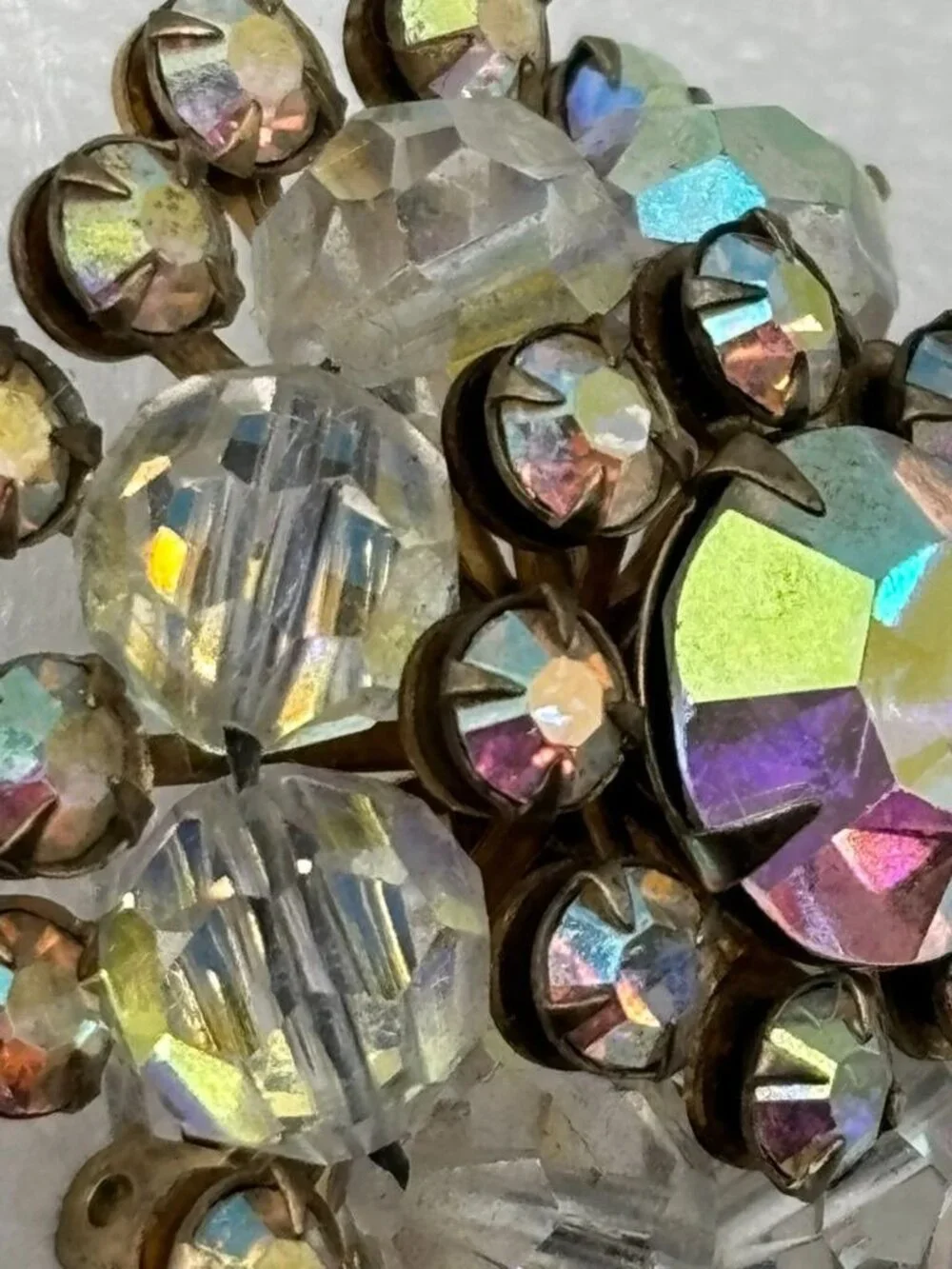 Vintage Domed Crystal Aurora Borealis Starburst Brooch Open Back Frame, Unsigned